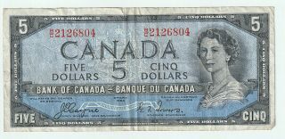 Circulated 1954 $5 Five Cinq Dollars Canadian Note Bill