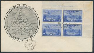 1943 Newfoundland C19 7c Air Mail Fdc,  Ur Plate Block,  Map Cachet,  Deer Lake