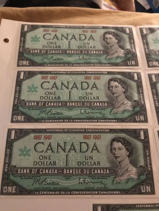 Seven 1867 1967 CANADA Canadian CENTENNIAL one 1 DOLLAR BILL NOTES crisp UNC 2