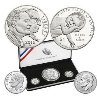2015 - W March Of Dimes Proof Commemorative Silver Dollar And Dime Set Of 3 W/
