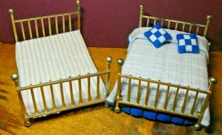 Pair Brass Doll House Double Beds 1:12 Scale With Bedding