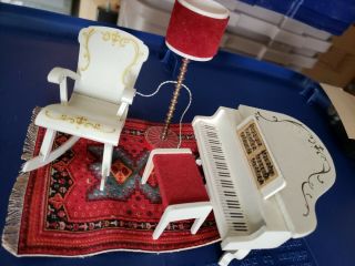 Lundby Dollhouse Piano,  Rocking Chair,  Stool,  Lamp,  Rug,  Clock,  Picture