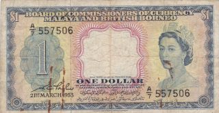 1 Dollar Vg - Fine Banknote From British Malaya&borneo 1953 Pick - 1