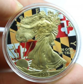 2015 Maryland U.  S.  State Flags 24k Gold Gilded & Colorized Silver Eagle