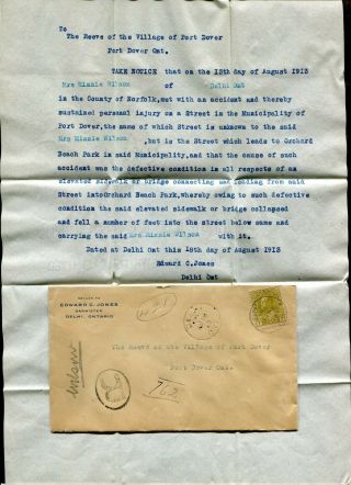 P346 - Delhi Ontario 1913 Registered Cover & Letter To Port Dover.  7c Admiral