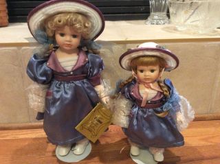 Seymour Mann Porcelain Doll Big And Little Sister Set Display Stands