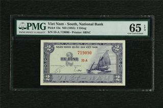 1955 Viet Nam South National Bank 2 Dong Pick 12a Pmg 65 Epq Gem Unc