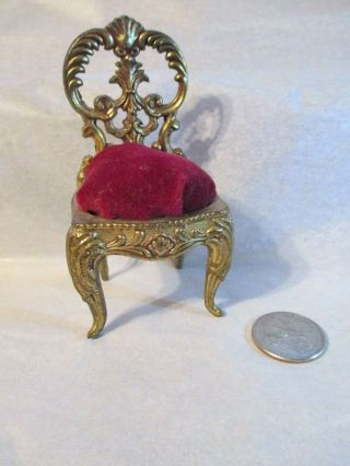 Antique Doll House Miniature Throne - Like Rococo Metal Chair With Velvet Seat.