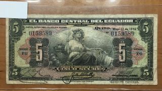 1946 Ecuador 5 Sucres Banknote,  05.  22,  Pick 91b