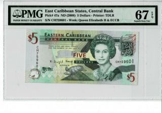 East Caribbean P 47a 2008 5 Dollars Prefix Ch Pmg 67 Epq Gem Unc