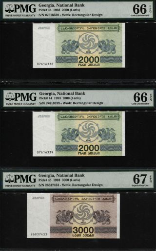 Tt Pk 44 & 45 1993 Georgia 2000 & 3000 Laris Pmg 66q & 67q Set Of Two Notes