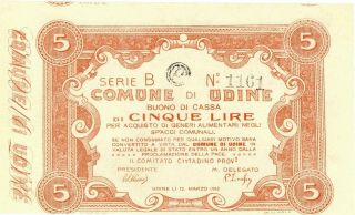 Italy Udine Commune 5 Lire Banknote 1918 Cu