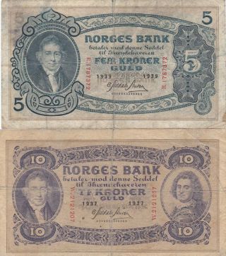 Norway 5 Kroner 1939,  10 Kroner 1937 / F / P 7c 8c / 142