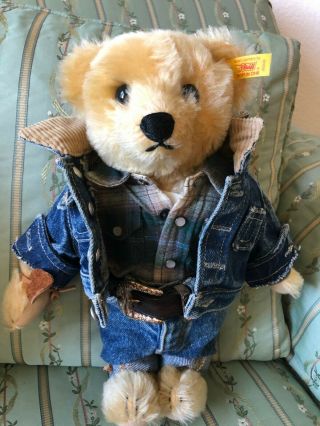 Rare Steiff Teddy Bear Ralph Lauren Ranch Collab Denim Plush Doll Stuffed 13”