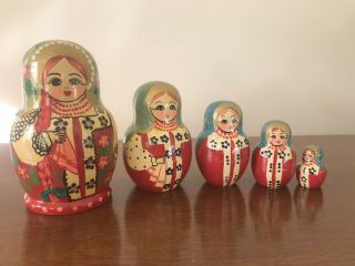 Vintage Russian Matryoshka 5 - Pc Nesting Dolls Traditional Pink & Red 