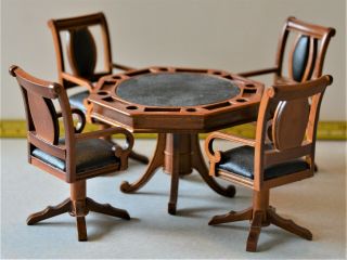 Gaming Table & 4 Swivel Chairs Dollhouse Miniature Roombox 1:12 Wood & Leather