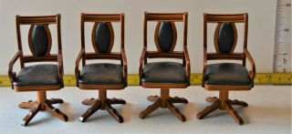 Gaming Table & 4 Swivel Chairs Dollhouse Miniature Roombox 1:12 Wood & Leather 2