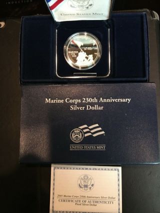 2005 Marine Corps 230th Anniversary Silver Proof Dollar Coin W Box &