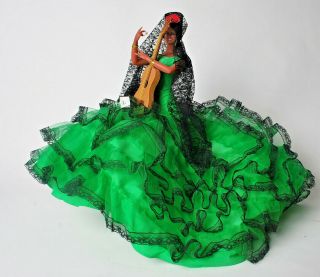 Authentic Vtg 7 " Marin Chiclana Spanish Flamenco Dancer Doll Green Dress Guitar