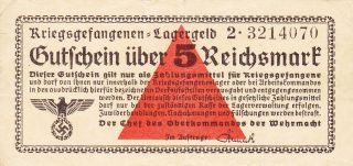 5 Reichsmark Vf German Concentration Camp Note From The Wehrmacht 1939
