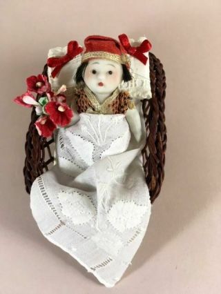 Miniature Antique All - Bisque Asian Doll In A Basket Bed,  All Clothes