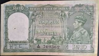British Burma 10 Rupees King George Kgvi 1938 Ww2 5 Ef Myanmar India Wwii