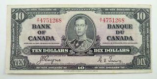 1937 Bank Of Canada $10.  00 / Ten Dollars Banknote - Vf,