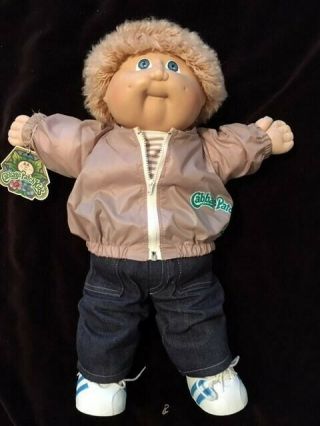 Vintage Cabbage Patch Kids Coleco Doll Boy Light Brown Fuzzy Hair Blue Eyes