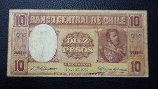 Chile Banknote 10 Pesos (1 Condor),  Pick 92d F,  1937