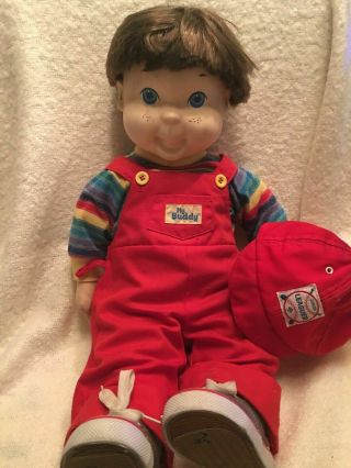 Vintage My Buddy Doll Partial Clothes Brown Hair With Red Overalls