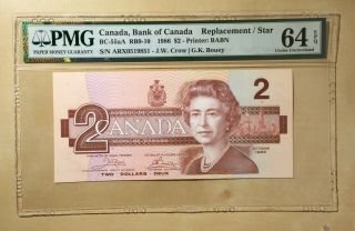 Canada Bc - 55a 1986 $2 Dollars Crow | Bouey Pmg 64 Epq Replacement / Star