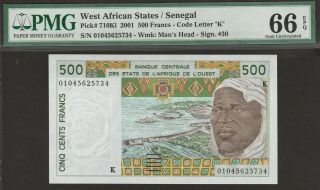 Pmg - 66 Epq Gem Unc West African States 500 Francs 2001 P - 710kl Senegal 734