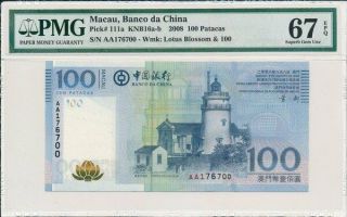 Banco Da China Macau 100 Patacas 2008 Prefix Aa Pmg 67epq
