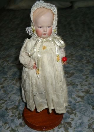 Sweet Vintage Signed Marie Berger Porcelain Small 8 " Infant Baby Doll W/ Stand