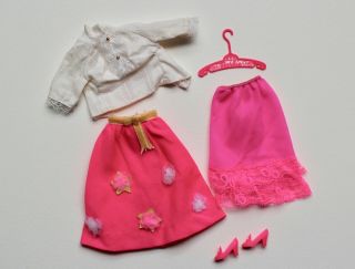 Vintage Barbie Make Mine Midi 1861 (1969) Skirt,  Half Slip,  Top,  Shoes,  Hanger