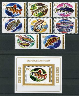Rwanda 1973 Mnh Fish 8v Set,  1v M/s Fishes Stamps