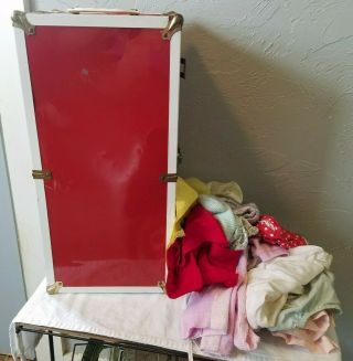 Red And White Vintage Metal Doll Trunk Case With 13 Larger Doll Clothing Items
