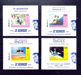 4 Ivory Coast Sheet Imperforated With Blue Overprinted With Space And Kennedy