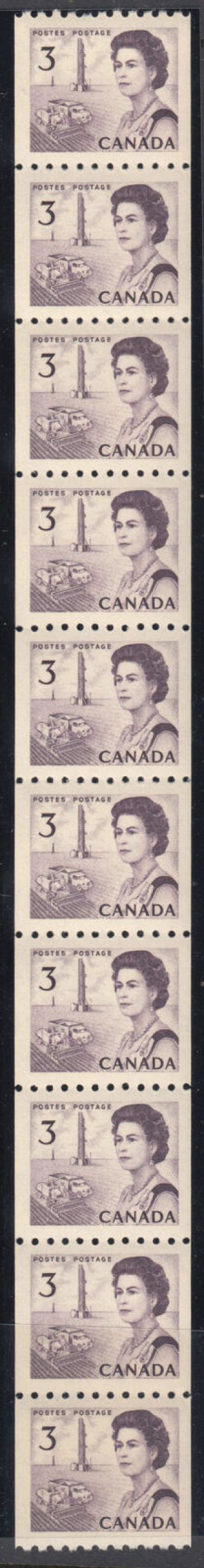 Canada: 466 3c Purple Df Dex Centennial Coil Strip Of 10,  Vf Nh Cv$50,  B