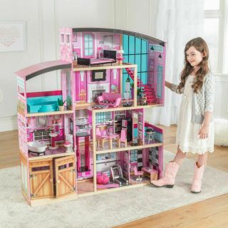 Wooden Dollhouse Shimmer Mansion Doll House Kids Girls Toy For 12 Inch Dolls