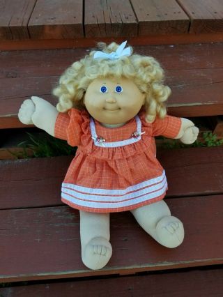 Cabbage Patch Doll Vintage 80s With Blonde Curls Orange Red Dress Collectable