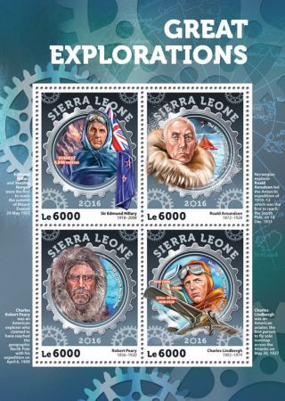 Sierra Leone 2016 Mnh Great Explorations Hillary Amundsen Lindbergh 4v Ms Stamps