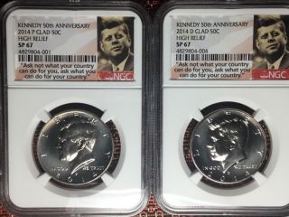 2014 P&d Clad 50c High Relief Kennedy 50th Anniv.  Set Ngc Sp67 Ask Not Label