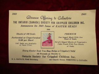 1948 Ontario (canada) Society For Crippled Children Stamp