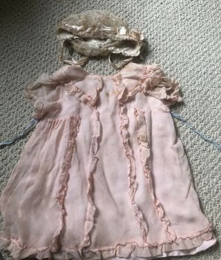Vintage Antique Child Style Doll Dress Peach & Lace Bonnet