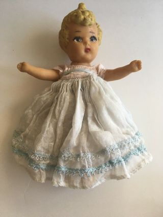Vintage Small 7: " Rubber And Plastic Doll With Blue Eyes,  Old Dress And Bonnet