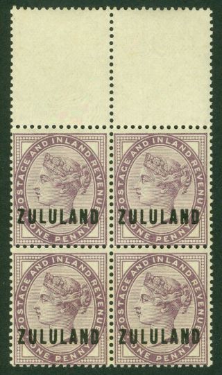 Sg 2 Zululand 1888 1d Deep Purple,  A Fine Unmounted Marginal Block Of 4 Cat £112