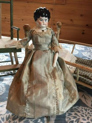 Antique German China Head Doll 13 Inch Tall Sawdust Body Dollhouse