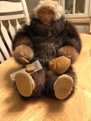 Old Alaska Native American Inuit Yupik Indian Eskimo Carved Wooden Doll Real Fur