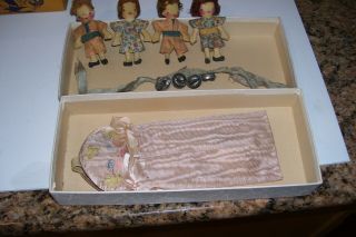 Vintage 4 Little Oil Cloth Dolls,  Ribbon W/bells & Doll Hot Water Bottle In Sleev